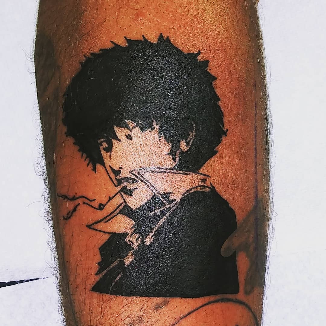 Black ink tattoo of Spike Spiegel from Cowboy Bebop, featuring a minimalist design with bold shading, located on the lower leg